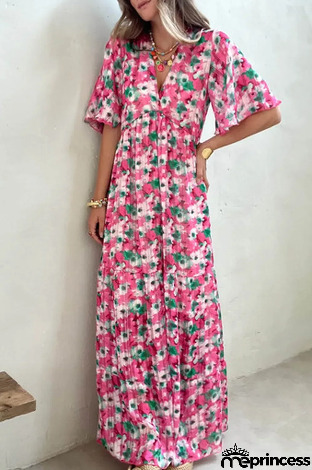 Pink Wide Sleeves Floral Print Maxi Dress