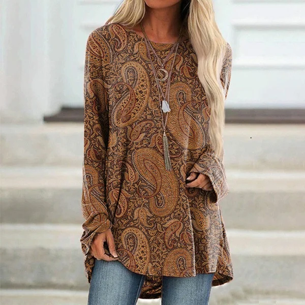 Vefave Vintage Print Long Sleeve Casual Tunic
