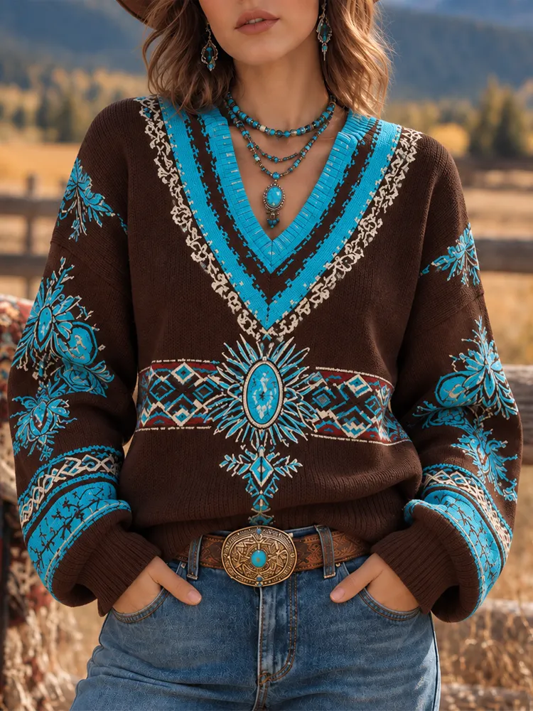 Comstylish Women's Western Cowboy Ethnic Continuous Print Color Block V-neck Sweater