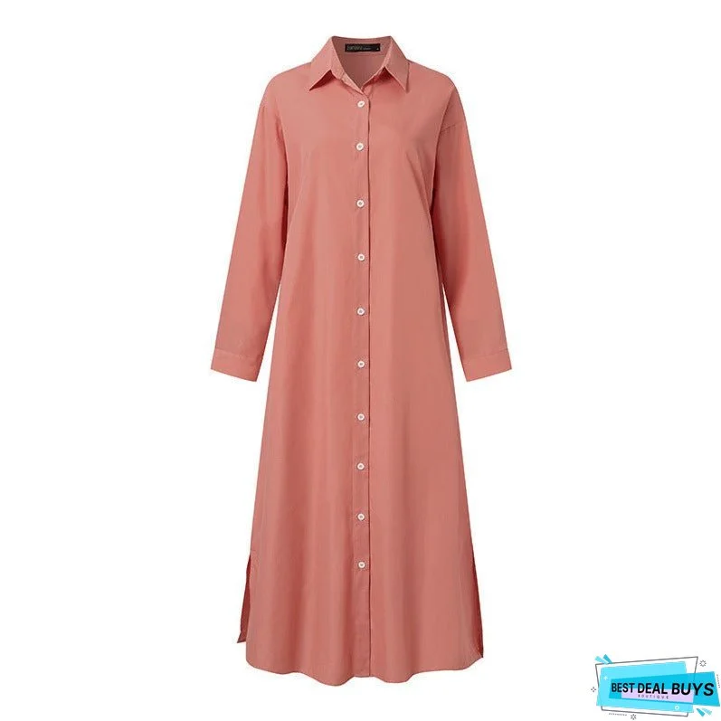 Women's Dresses, Cotton and Linen Shirts, Long Dresses, Japanese and Korean Casual Long Sleeved Cardigan Dresses