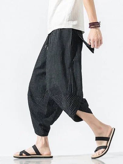 Men's Striped Print Loose Casual Cropped Pants