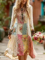 Women's Retro Bohemian Floral Casual V-neck Long Sleeve Dress