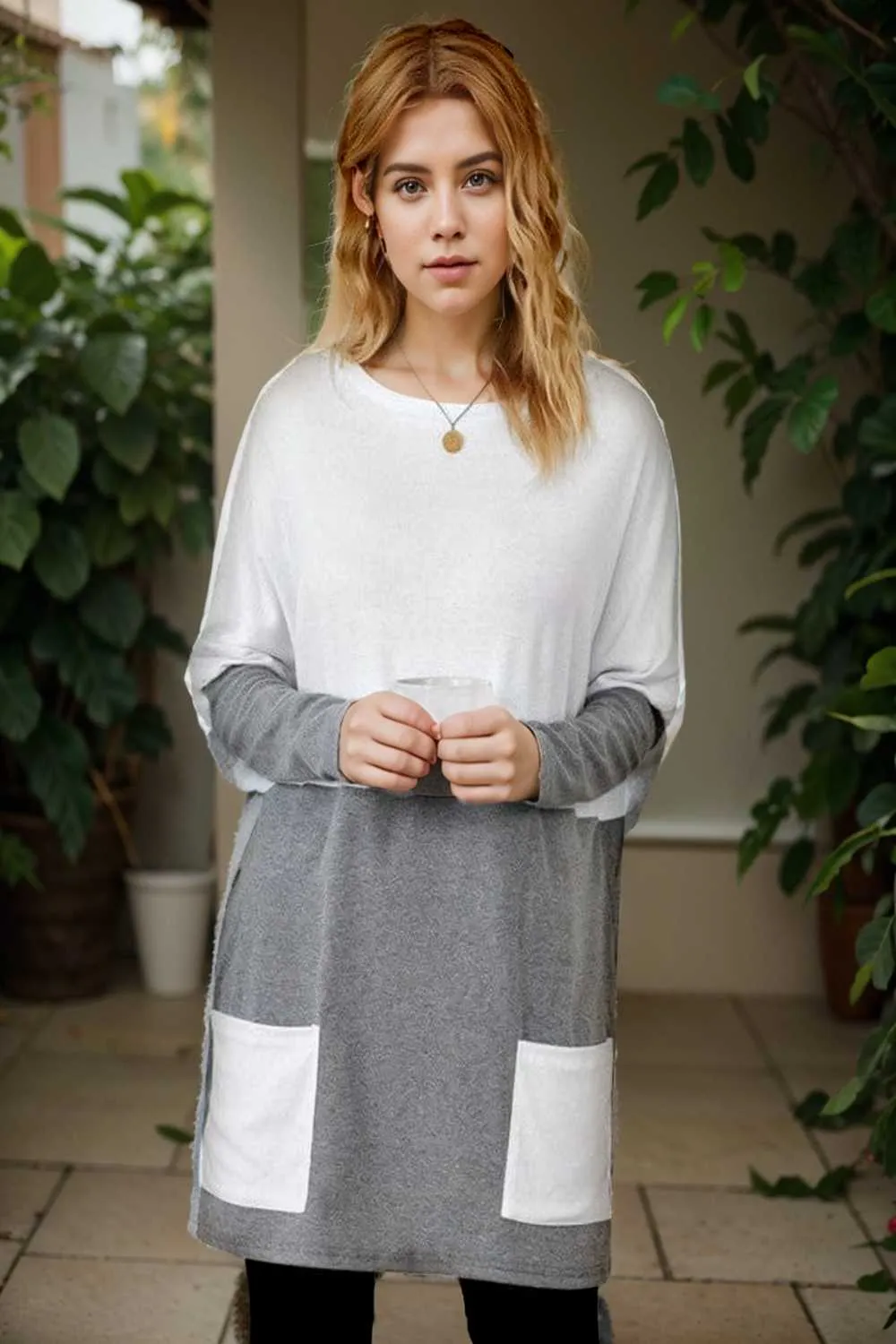 two color stitching pocket loose long sleeve t shirt
