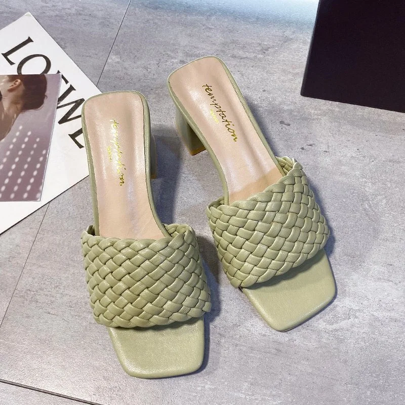 Lucyever Summer Outdoor High Heel Slippers Women Fashion Thick Heels Weave Slides Woman Square Toe Open Toe Sexy High Heels