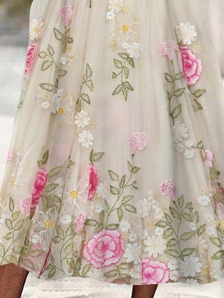 Women's 3/4 Sleeve Scoop Neck Floral Printed Lace Stitching Midi Dress