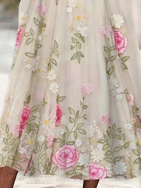 Women's 3/4 Sleeve Scoop Neck Floral Printed Lace Stitching Midi Dress