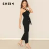 SHEIN Black Waist Belted Double Breasted Pinafore Jumpsuit Women Elegant 2019 Summer Plain Straps Sleeveless Party Jumpsuit