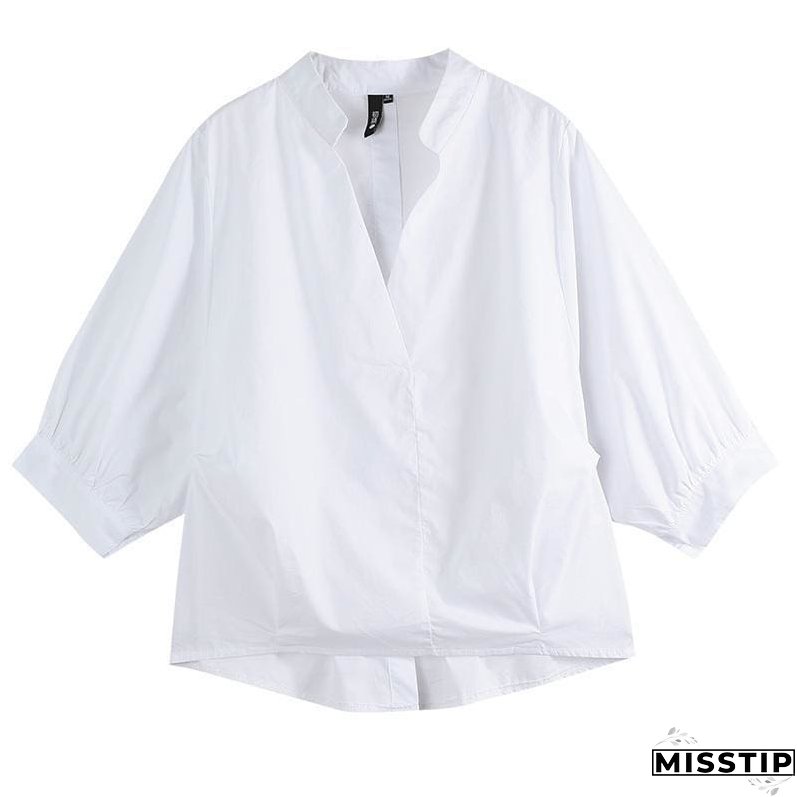 Women Loose Blouse Cotton Back Button Solid V-Neck Casual Shirt