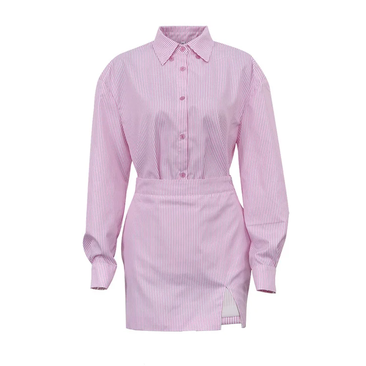 Ueong Ueong Women's New Commuter Lapel Long Sleeve Striped Shirt Wrapped Hip Skirt Fashion Office Suit