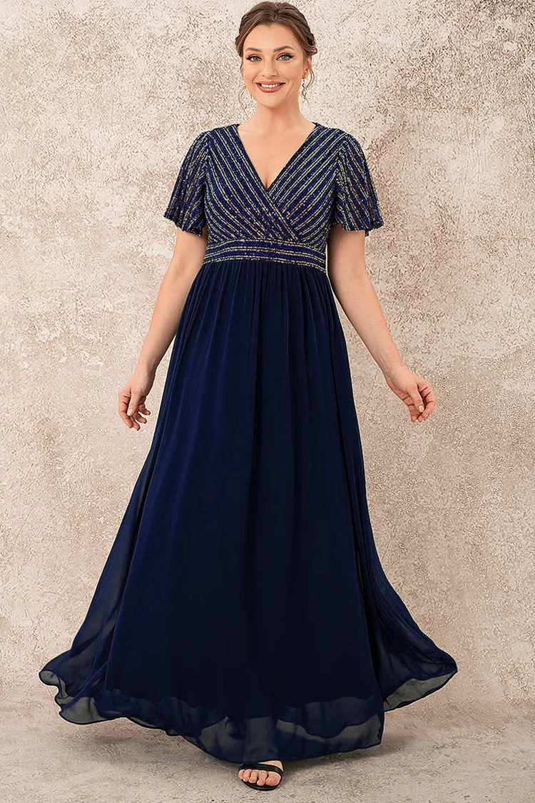 Flycurvy Plus Size Evening Gowns Navy Blue Sequin Butterfly Sleeves Maxi Dress  Flycurvy [product_label]