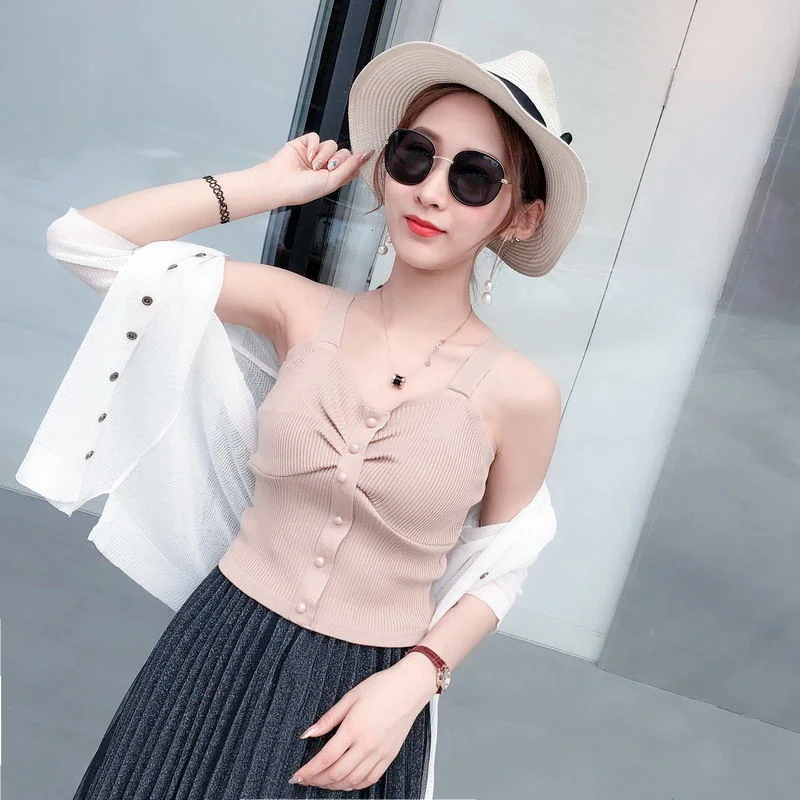 Uveng Uveng Short Sling Vest Female Hong Kong Flavor Retro Chic Korean Version Of Twisting Buckle Decorative Temperament Match Blouse Korean Tide