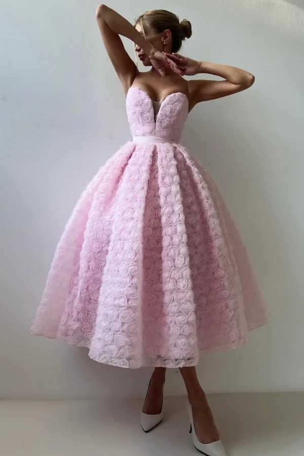 Pink Ankle Length Flowers Spaghetti-Straps Prom Dress ZT0651