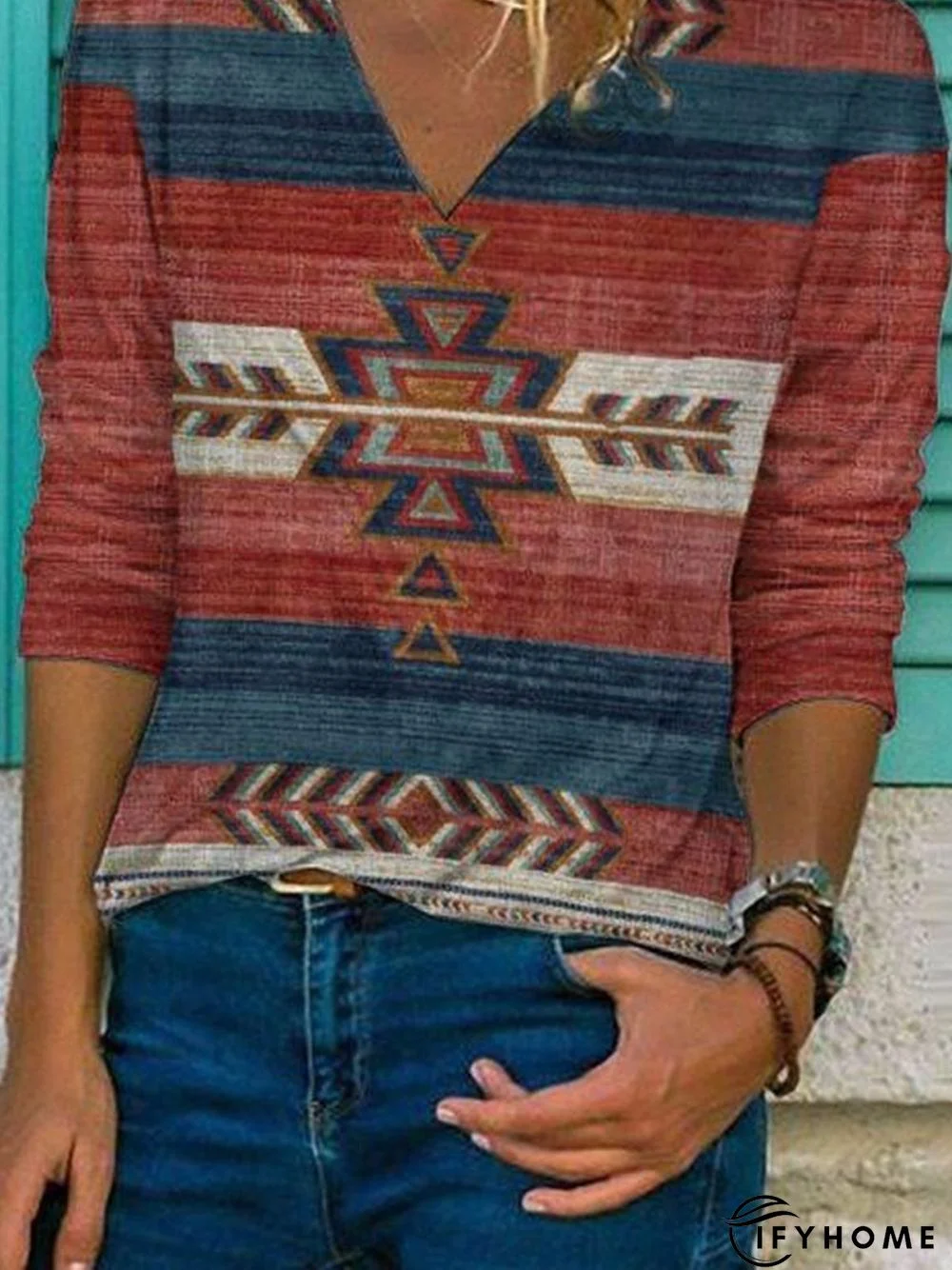 Western ethnic print V-neck long sleeve T-shirt | IFYHOME
