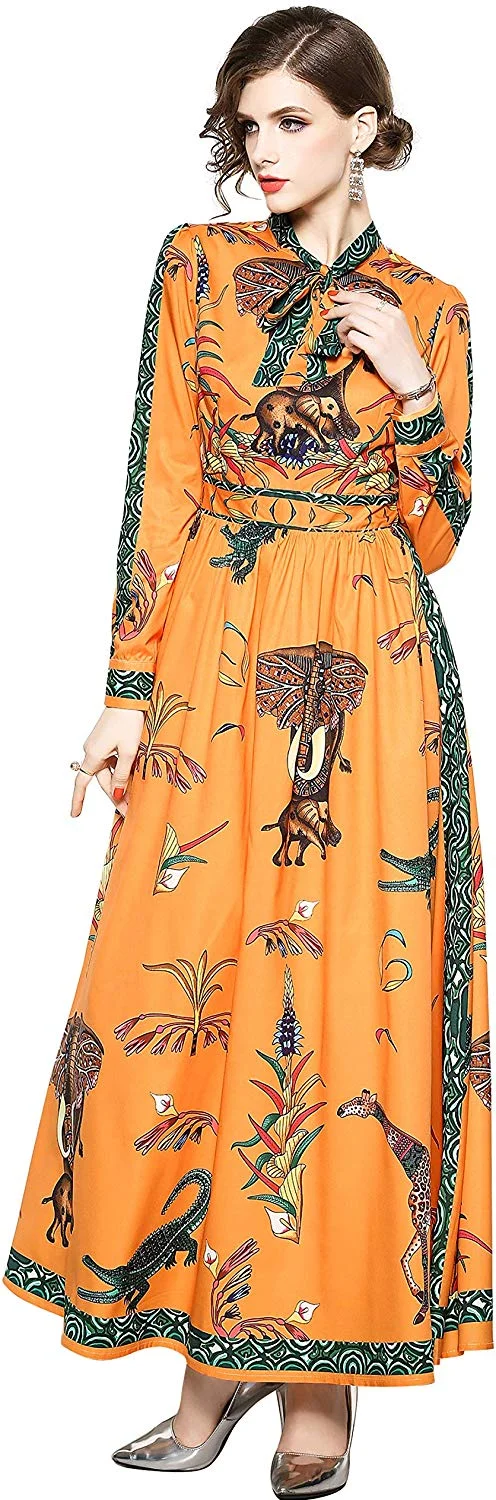 Women's Vintage Paisley & Floral Maxi Shirt Dress Causal A-line Long Dress