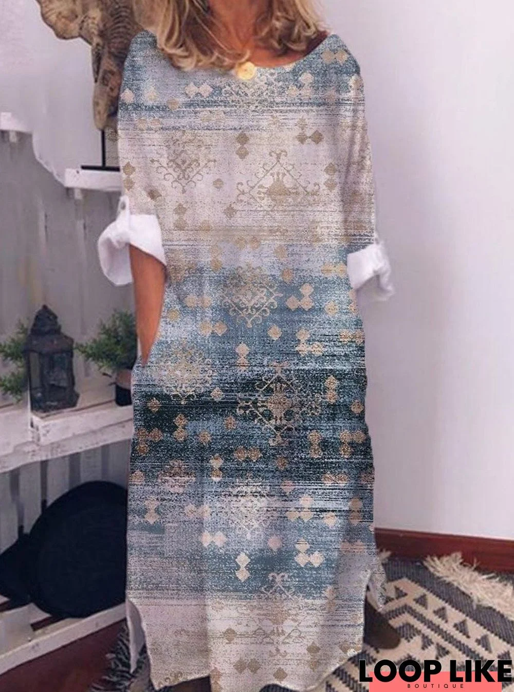 Retro Print Casual Long Sleeved Maxi Dress