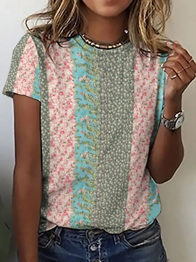 Printed Short Sleeve Casual T-shirt for  Women and Men Unisex Pattern Floral,Pink,Green,Stitch