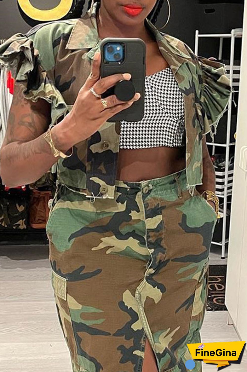 Camouflage Street Camouflage Print Patchwork Buckle Turndown Collar Tops