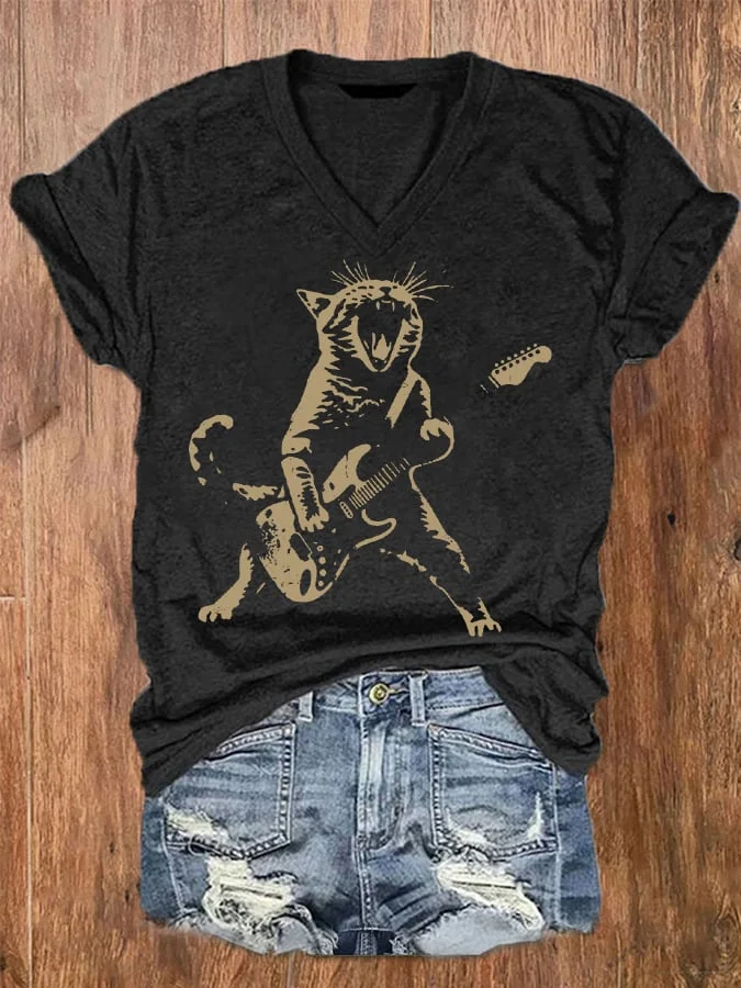 Women's Funny Rock Cat Graphic Casual V-Neck Tee