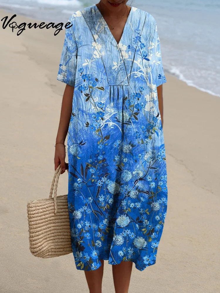 Elegant And Casual Plant Small Florals Printed Women's Casual Cotton And Linen Dress