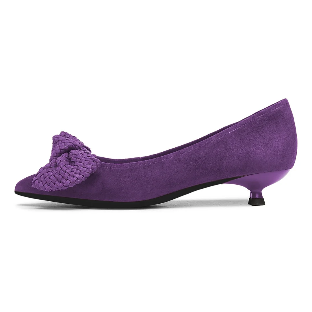 Purple Vegan Suede Pointed Toe Woven Bow Kitten Heel Pumps for Women