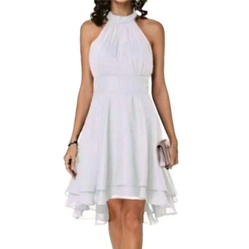Brownm Brownm New Fashion Pure Color Temperament Women's Sexy Out-Shoulder Sleeveless Round Collar Micro-Folding Waist Repair Dress