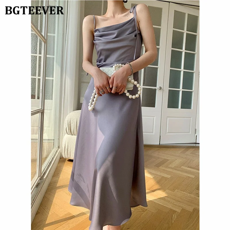 BGTEEVER Elegant Chic Slash Neck Sleeveless Women Solid Dress Summer New Spaghetti Strap Lace-up Slim Waist Ladies Vestidos 2021