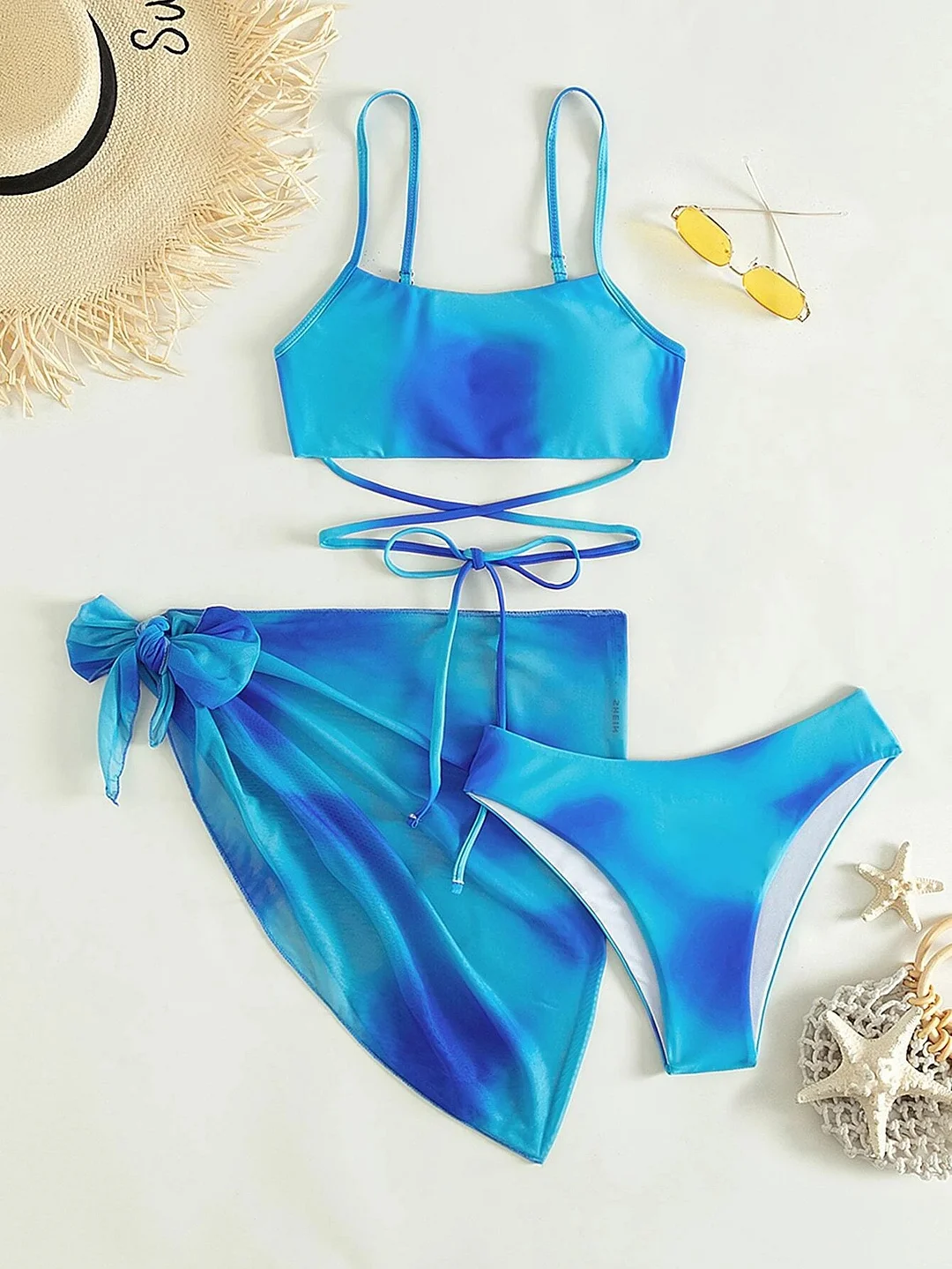 Churchf 2025 Tie-Dye Bikini Women's Three-Piece Mesh Dress Split Bikini Swimsuit
