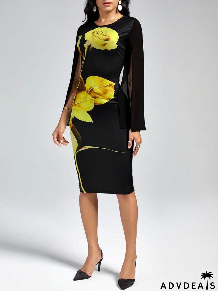 Floral Print Split Sleeve Bodycon Dress