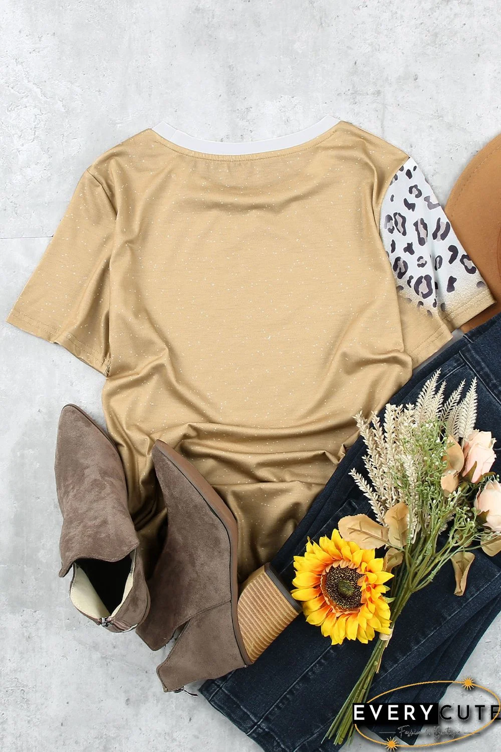 Khaki Western Steer Skull Letter Leopard Print Graphic Tee