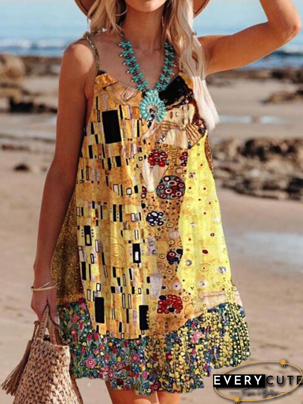 Summer Vintage Pattern Printed Beach Dress Women Casual Sling V-Neck Lace-up Mini Dress Ladies Fashion Sleeveless Loose Dresses