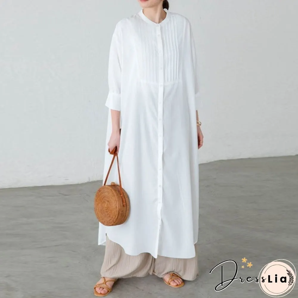 Ladies Spring Casual Kaftan Solid Sleeve Holiday Loose Top Pleated Long Dress Plus Size