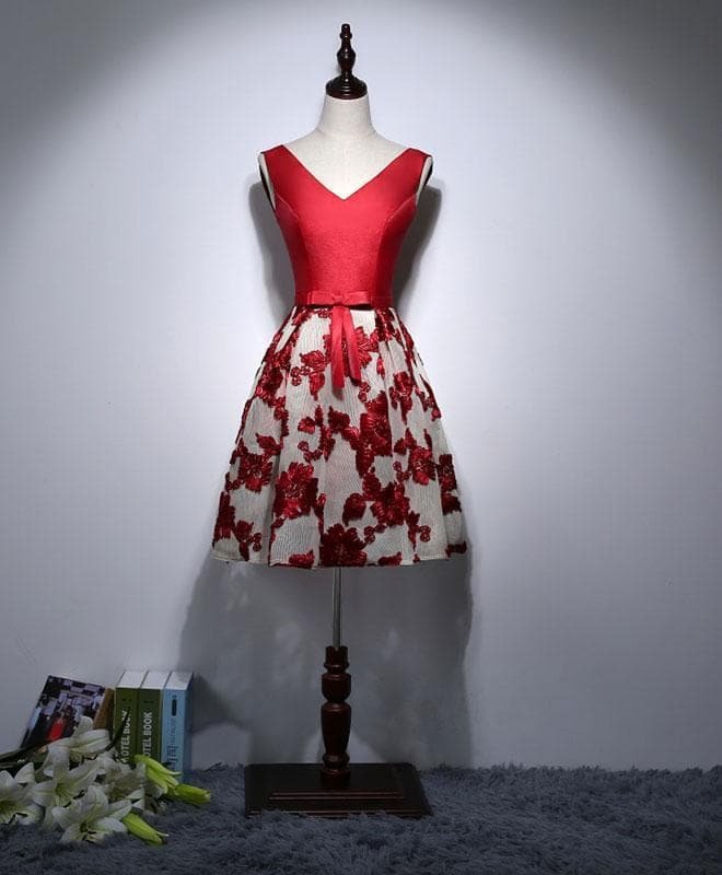 Red A-Line V Neck Short Prom Dress, Homecoming Dress