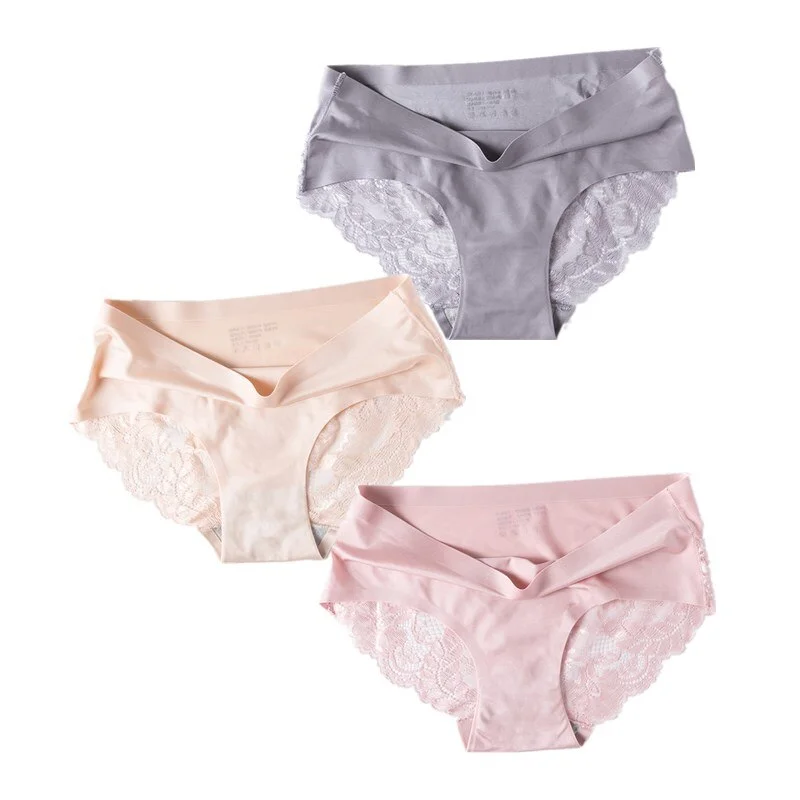 3 Pcs/Set Sexy Seamless Panties Women Lace Underwear Briefs Low Rise Ladies Silk Plus Size Solid Soft Transparent Panty Lingerie