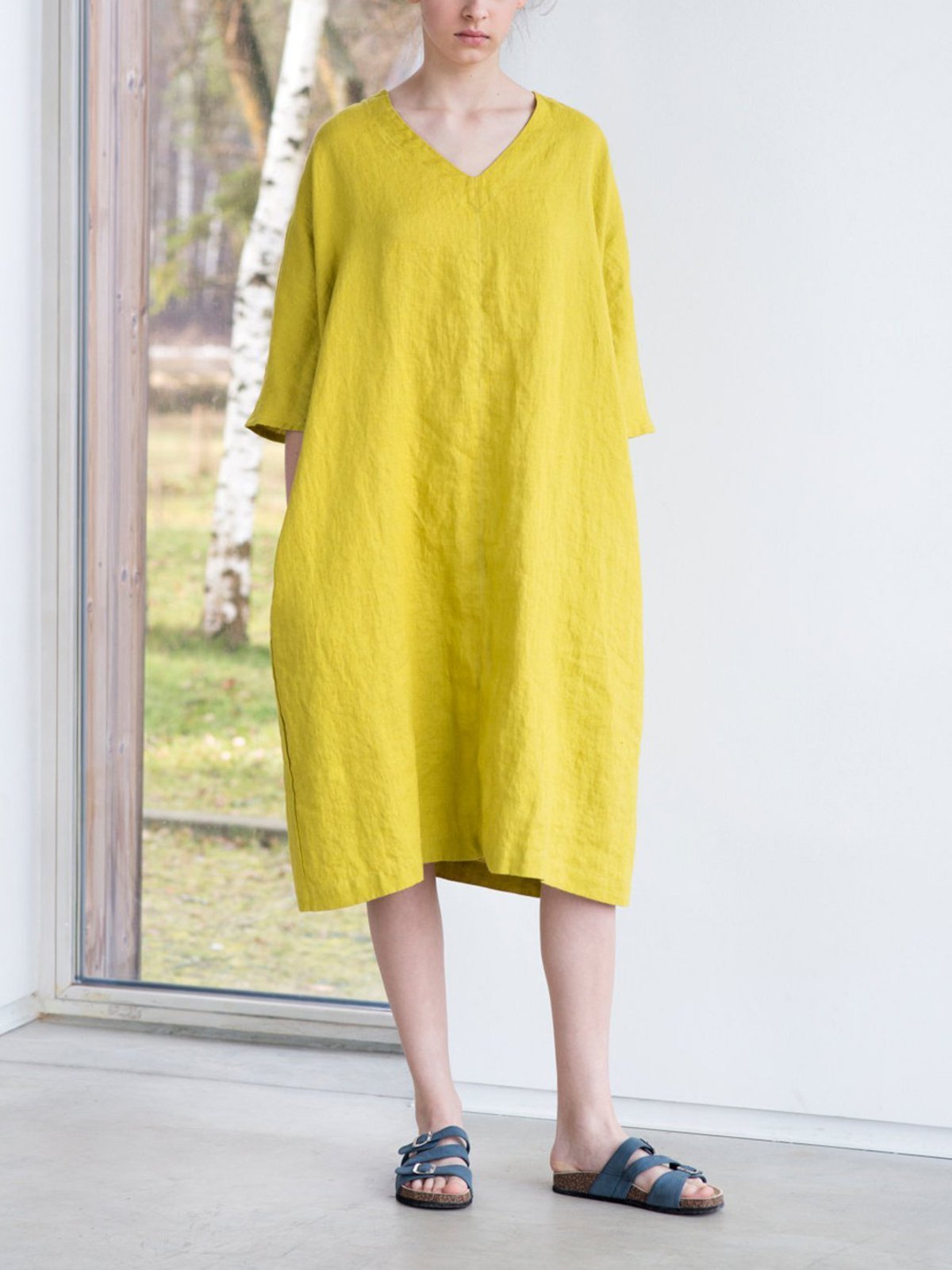 Washed linen Oversize V Neckline Loose Cozy Linen Dress