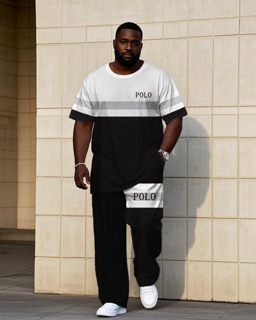 Men's Plus Size Casual Black & White & Grey Color-block Simple Small Label Printed Short-sleeved T-shirt Trousers Suit
