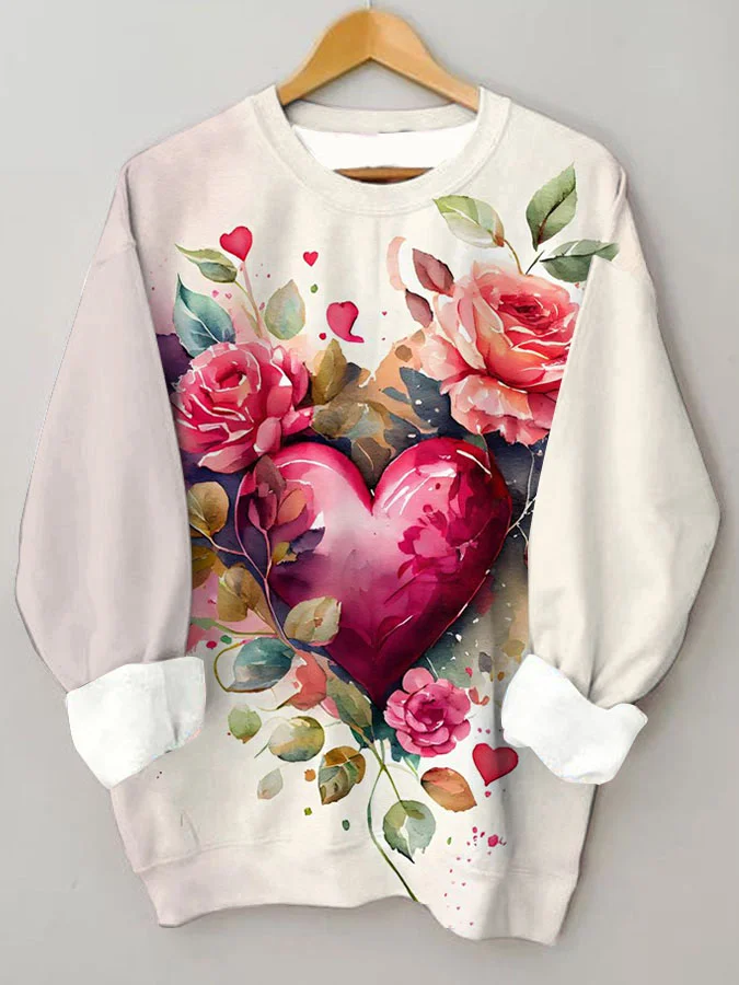 Vintage Valentine Heart Floral Print Crew Neck Sweatshirt