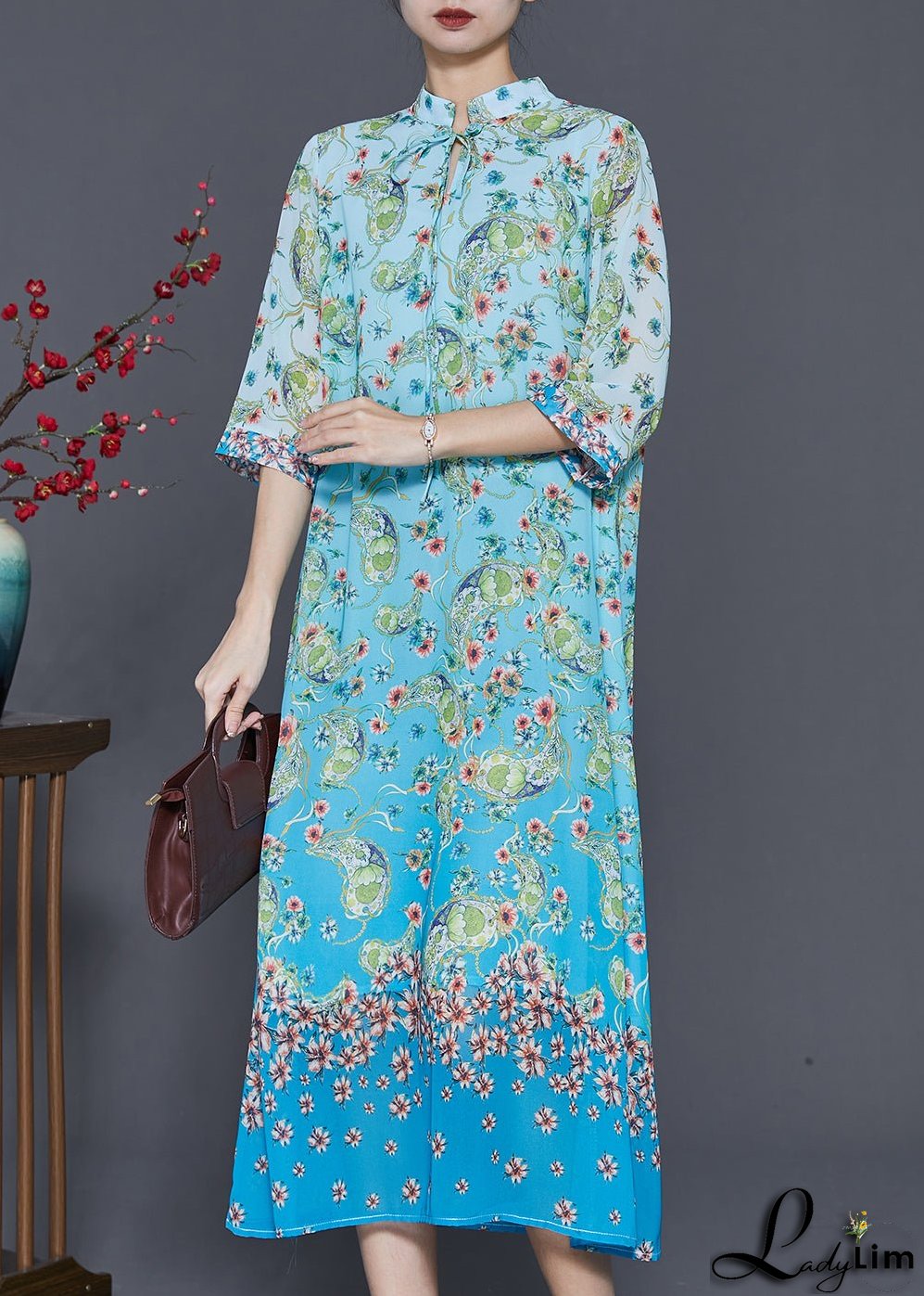 Elegant Blue Print Draping Chiffon Long Dresses Summer