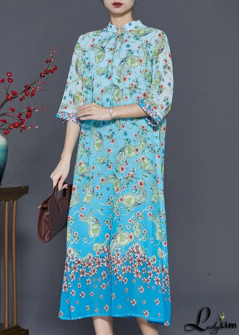 Elegant Blue Print Draping Chiffon Long Dresses Summer