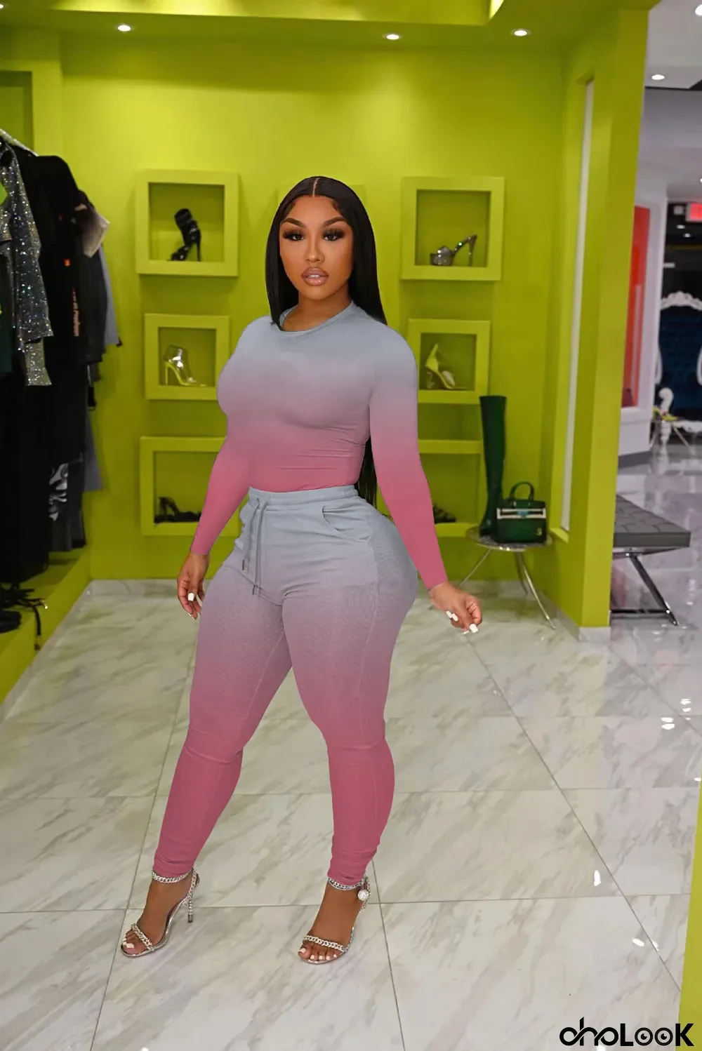 Gradient Long Sleeve Two Piece Pants Set