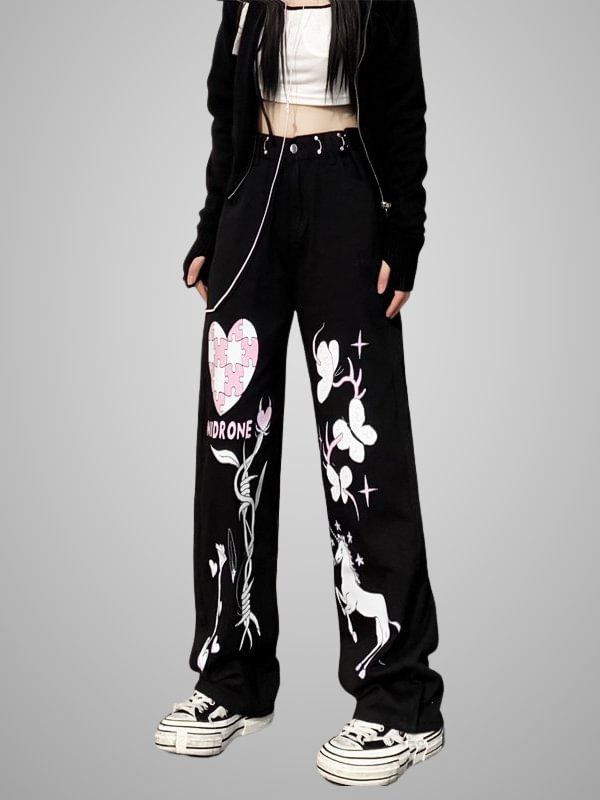 Chic Cute Cartoon Street Fashion Graphic Printed Metal Decorated Straight Pattern High Rise Pants