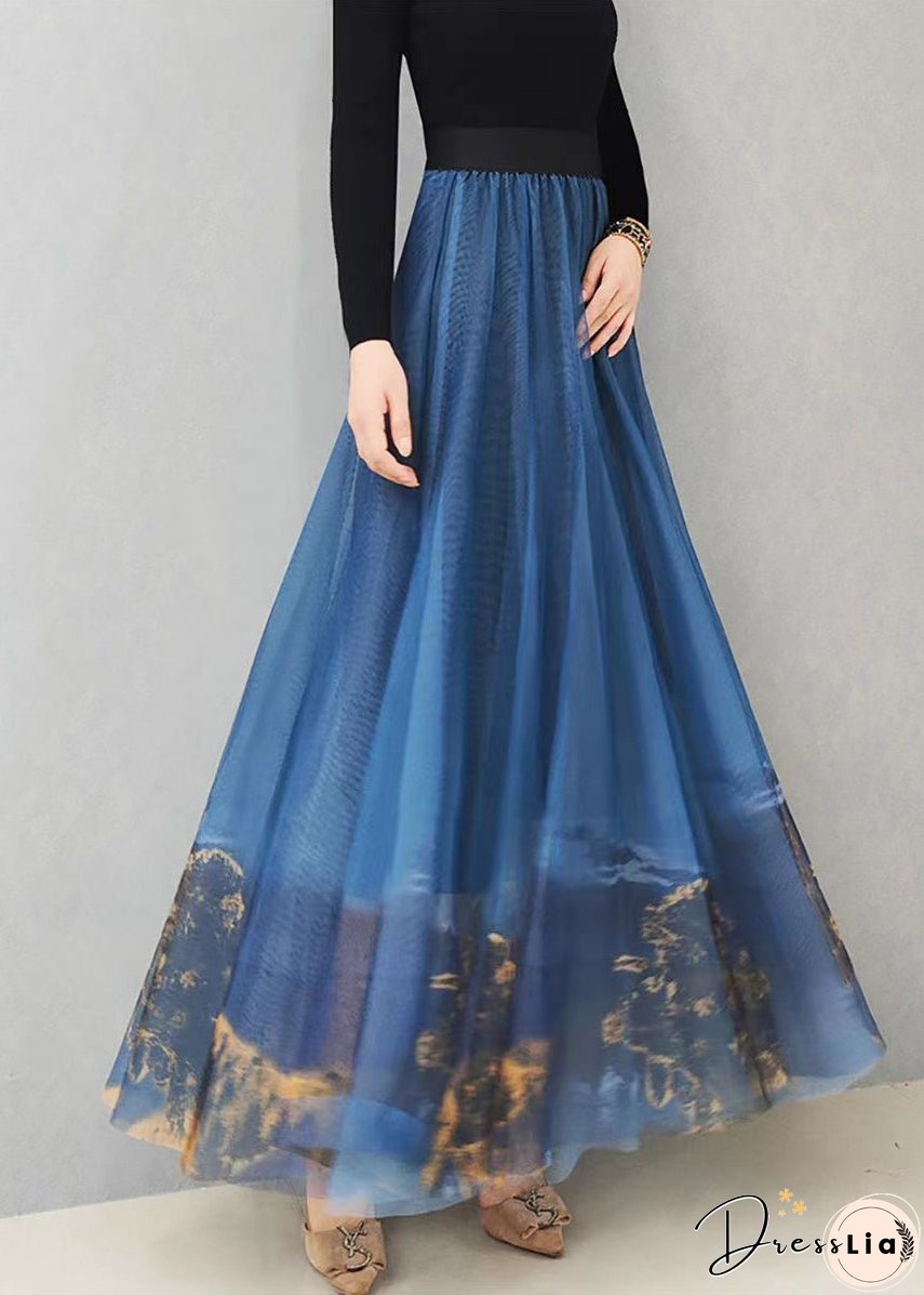 Italian Blue Print Exra Large Hem Loose Tulle Skirt Spring