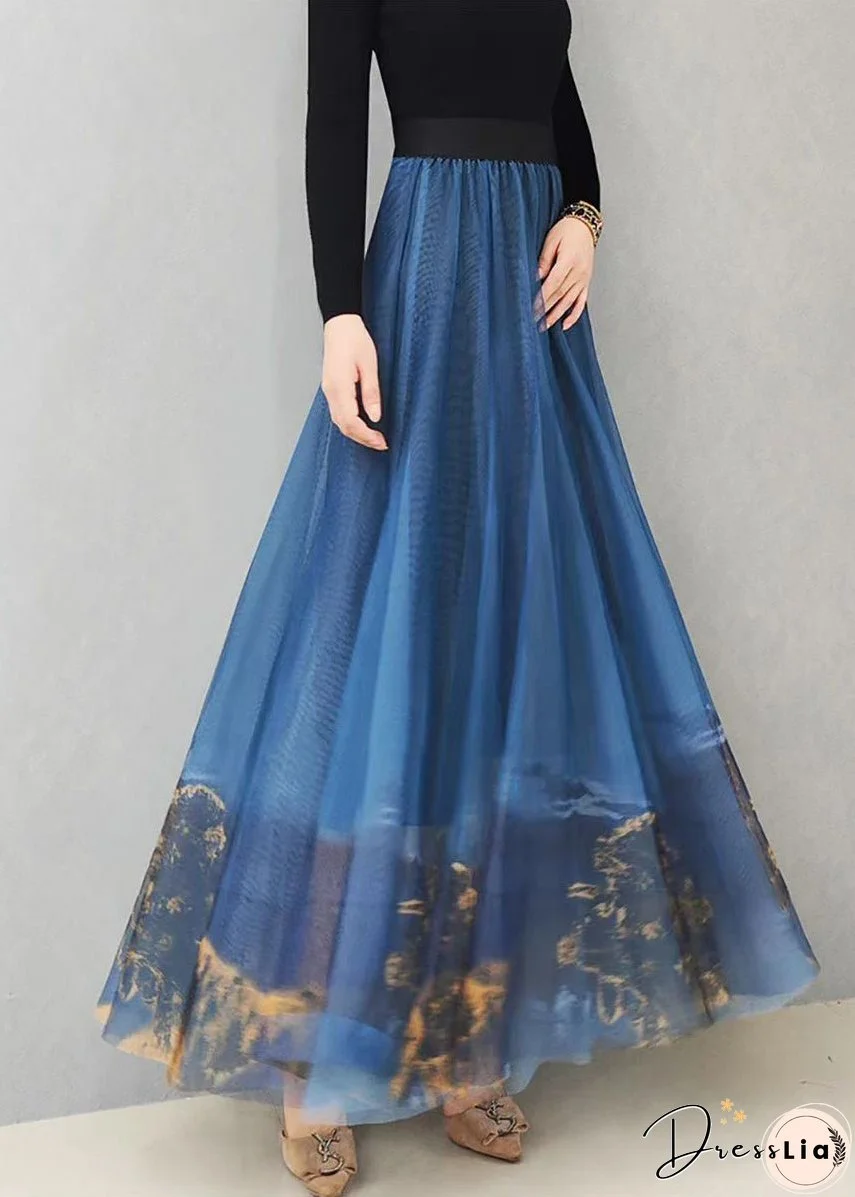 Italian Blue Print Exra Large Hem Loose Tulle Skirt Spring