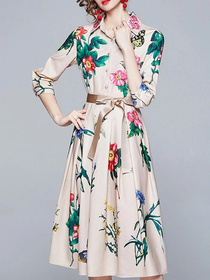 Fashion Butterfly Print Lace-up Pleated Dress