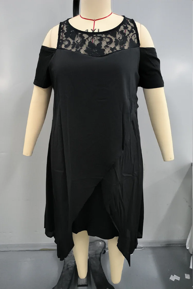 Plus Size Cold Shoulder Round Neck Lace Formal Midi Dress  Flycurvy [product_label]