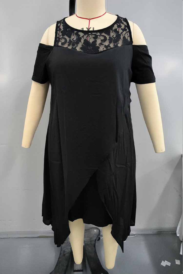 Plus Size Cold Shoulder Round Neck Lace Chiffon Formal Midi Dress  Flycurvy [product_label]
