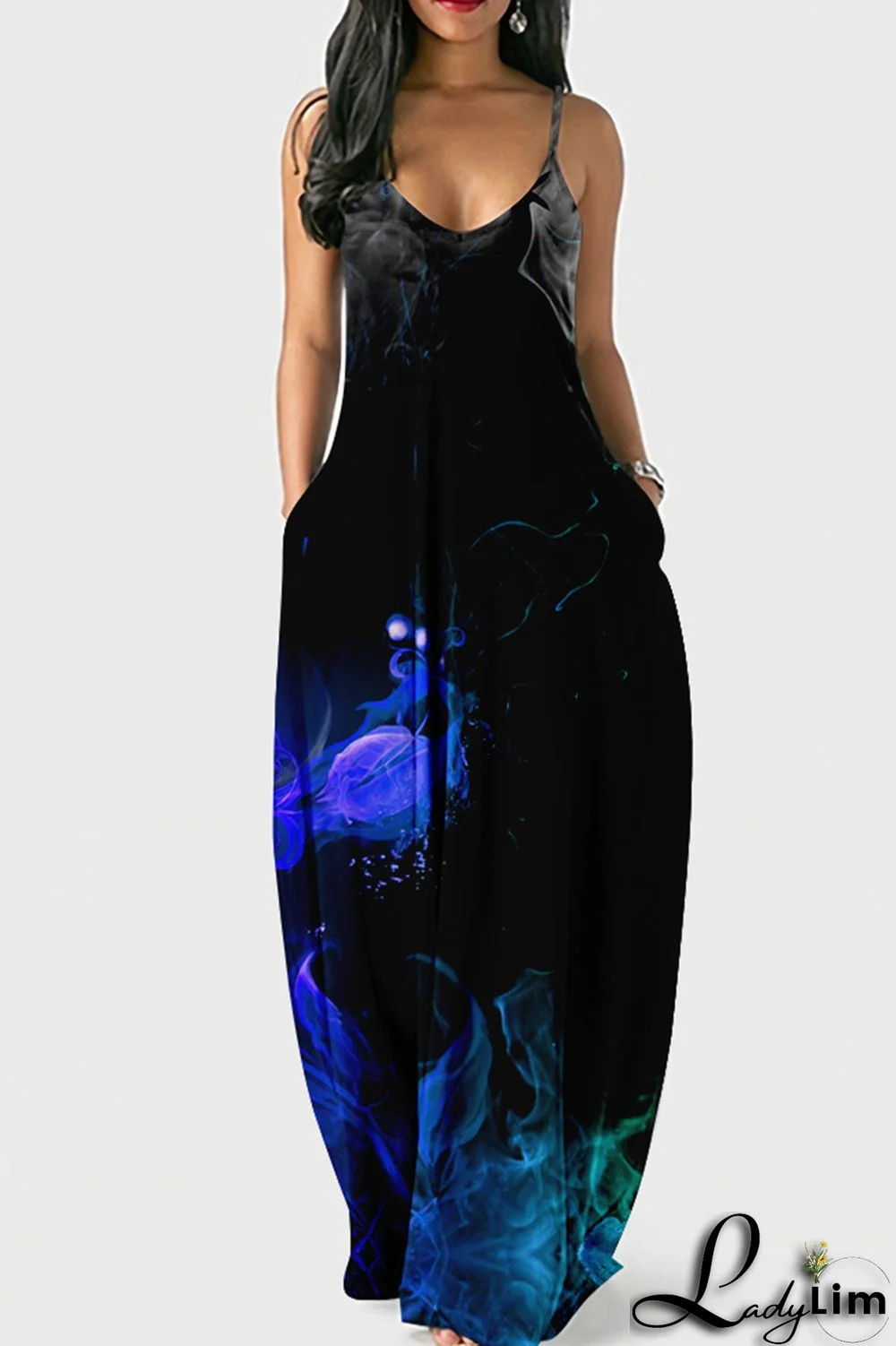 Black Fashion Sexy Print Backless Spaghetti Strap Long Dress