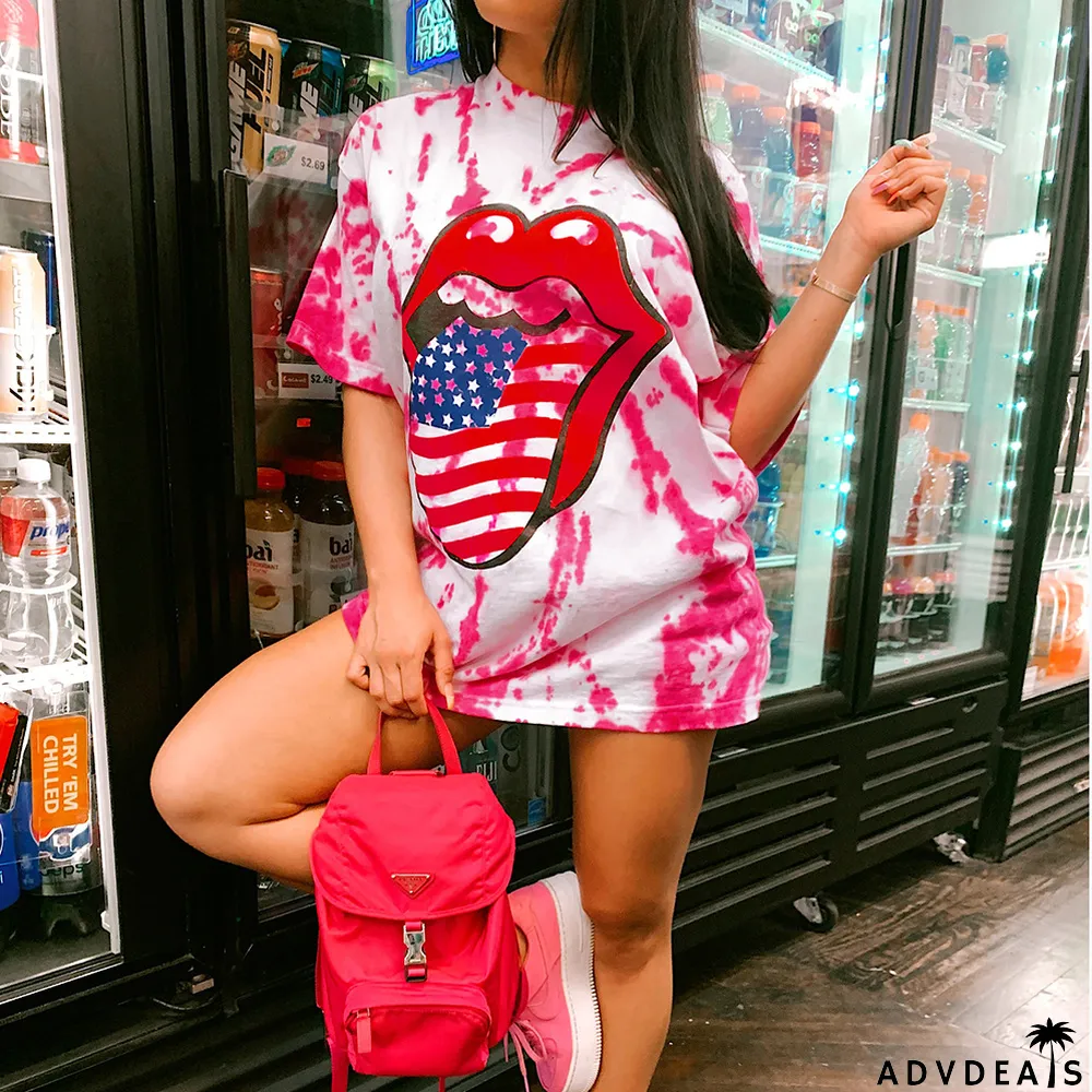 Summer Tie Dye Tongue Print O-Neck Regular Shirt