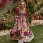 Women's Vintage Floral Print V-neck Long Sleeve Maxi Dress - Image 2