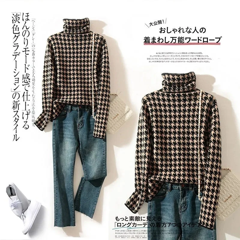 Houndstooth thickened turtleneck sweater women 2021 autumn and winter new style Korean retro casual warm knitted bottoming shirt