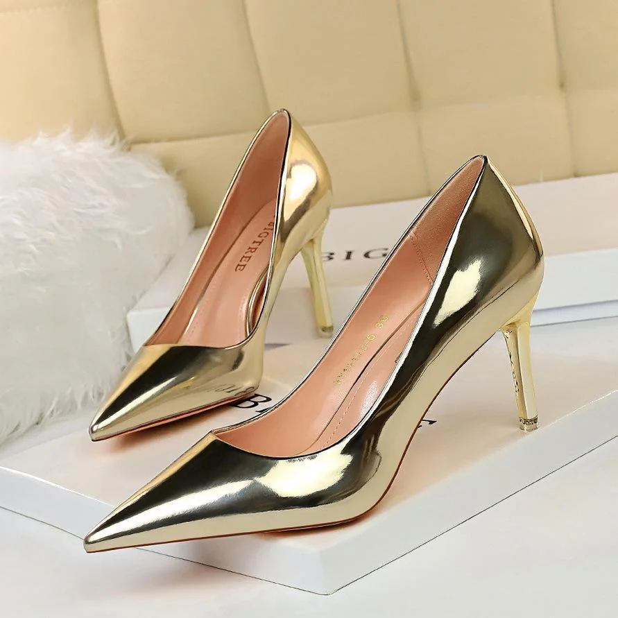 Fashion sexy shallow mouth pointed metal high-heeled shoes